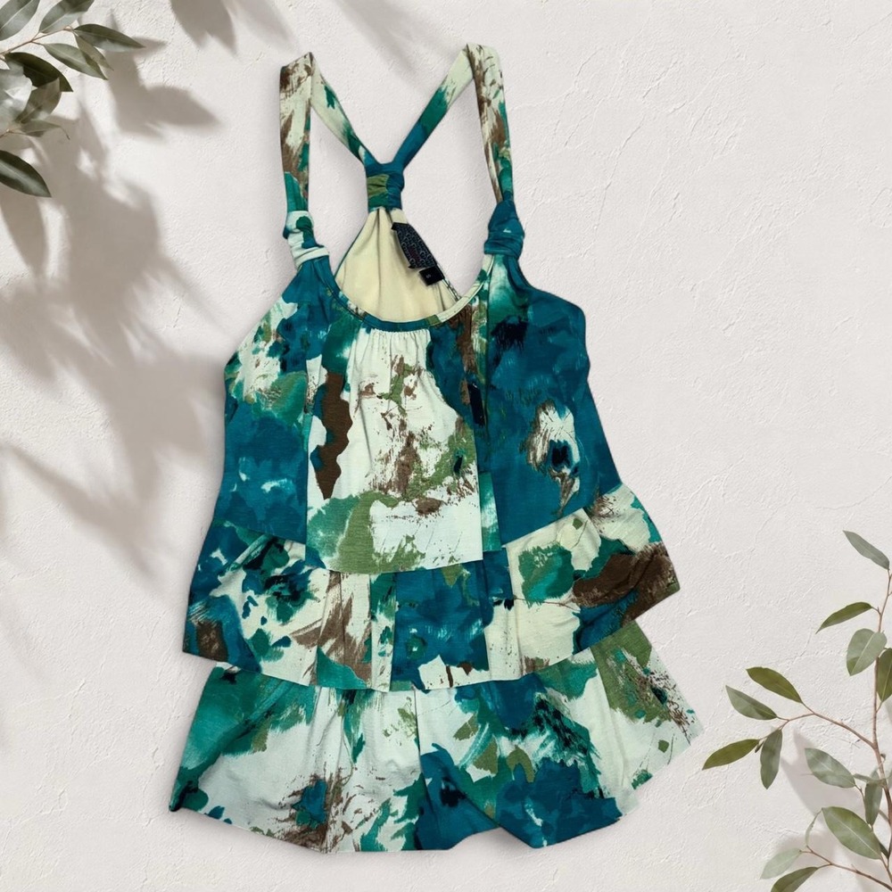 Y2K Abstract Watercolor Halter Top Green Teal Asymmetrical Ruffle Boho Small